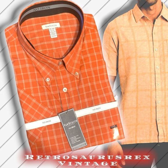 VAN Heusen Short Sleeve Orange Plaid Button Down Collared Shirt, 2XL - Picture 1 of 9